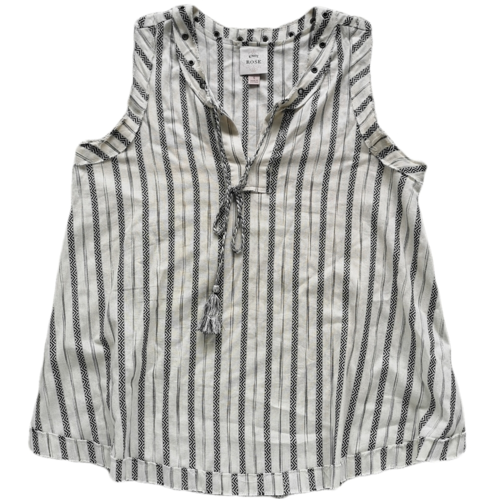 Knox Rose White & Grey Sleeveless Top with Stripe Pattern & Robe Knot Detail